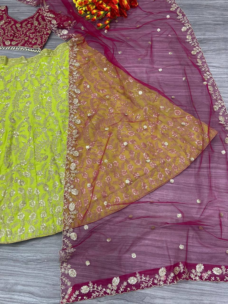 Premium Georgette & Mono Diamond Silk Lehenga Set – Shimmer Dori & Sequins Work