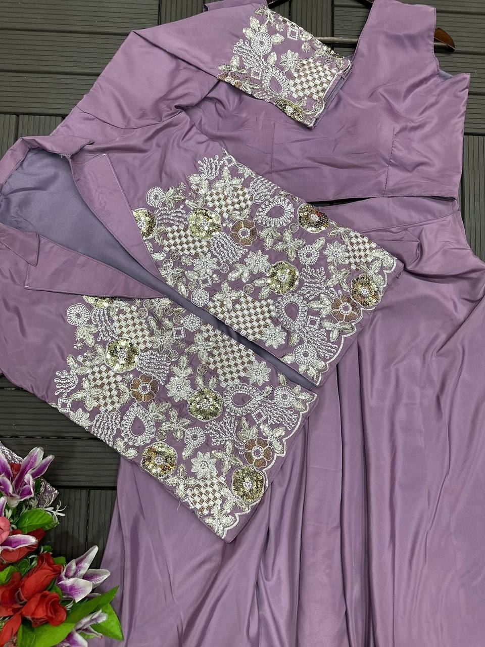 Premium Heavy Crepe Satin Koti with Lehenga & Blouse – Embroidery Work