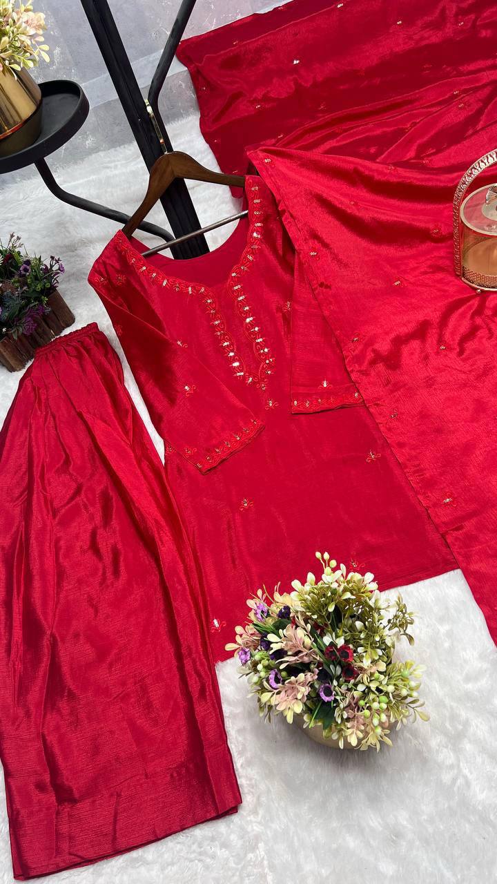 Premium Chinon Silk Kurti, Farsi Salwar & Dupatta Set