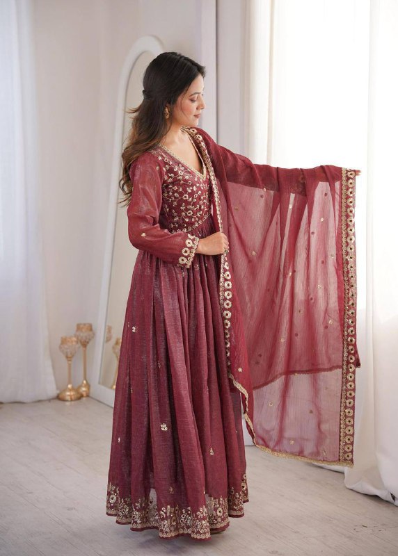 Premium Crunchy Fabric Embroidered Gown, Pant & Dupatta Set