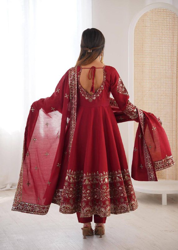 Premium Roman Silk Anarkali Gown, Bottom & Dupatta Set
