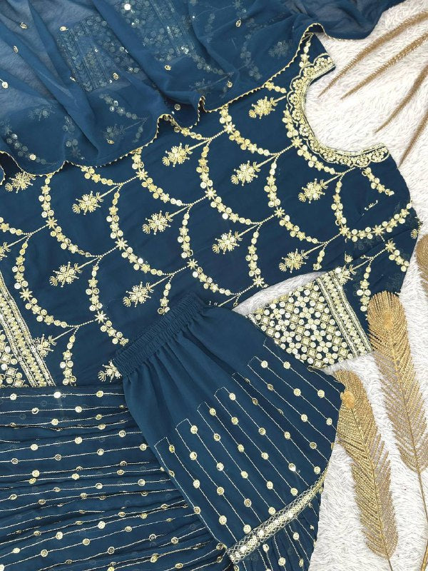 Premium Heavy Faux Georgette Kurti, Sharara & Dupatta Set – 5mm Sequins Embroidery