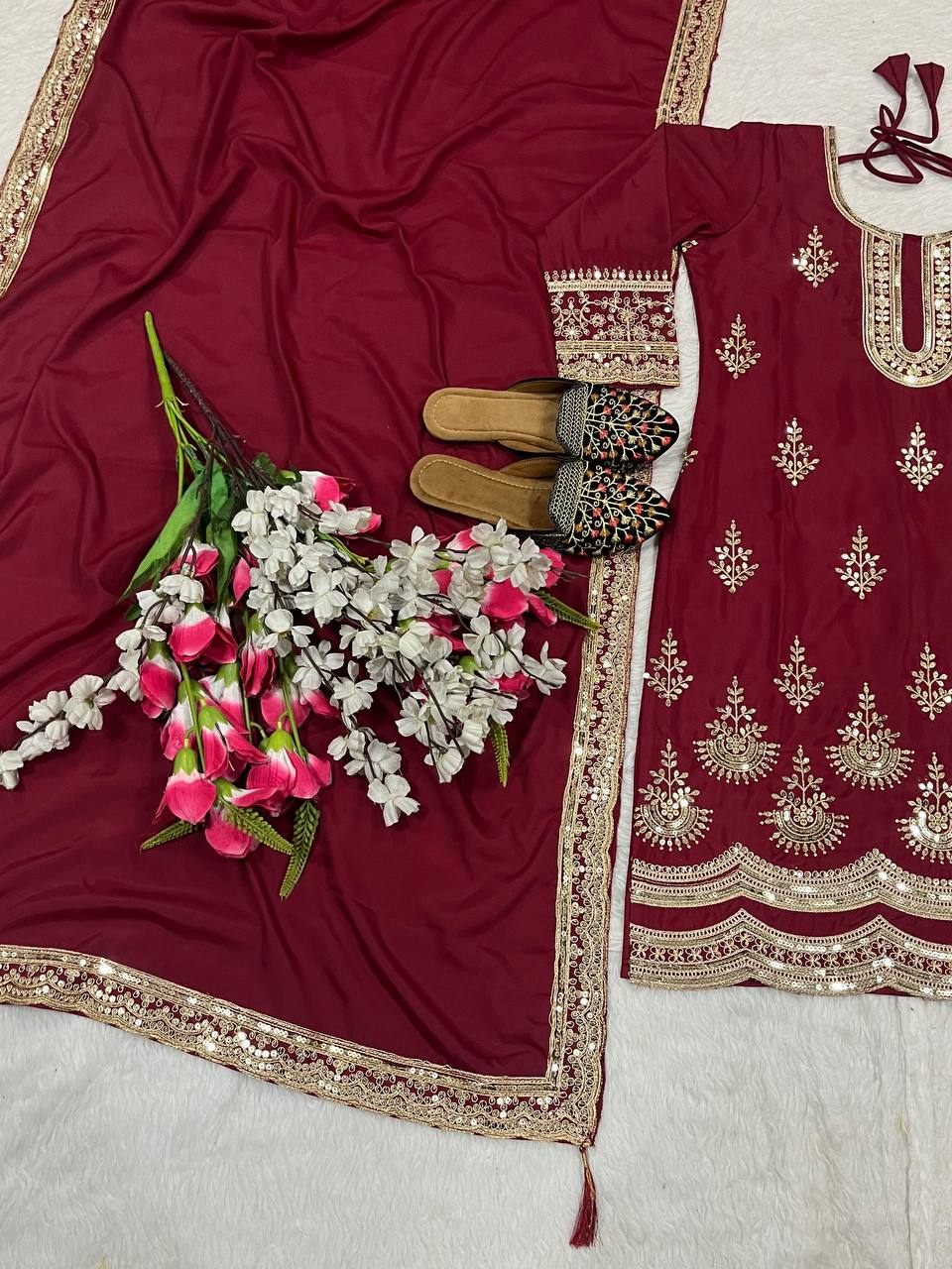 Premium Natural Crepe Silk Top, Pant & Dupatta Set – Heavy Coding Sequins Embroidery