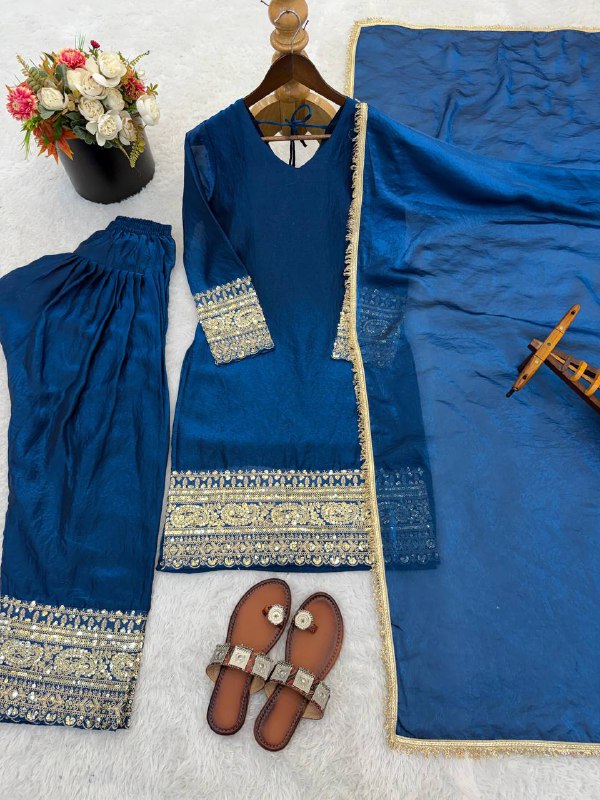 Premium Fendy Silk Top, Farshi Pant & Dupatta Set