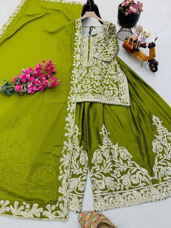 Premium Heavy Chinon Silk Top, Sharara & Dupatta Set – Coding Sequins Embroidery