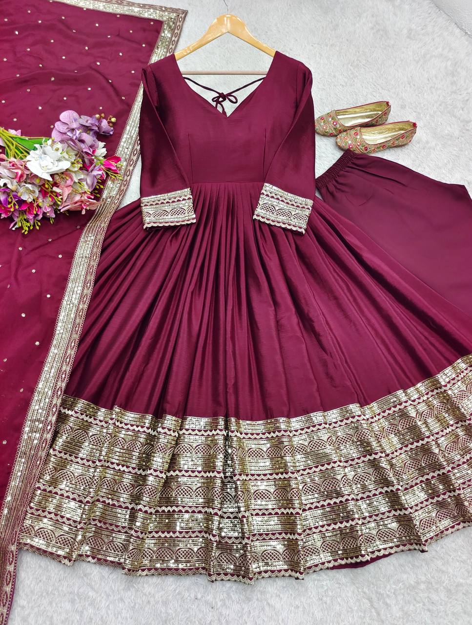Premium Pure Chinon Silk Gown, Pant & Dupatta Set – Heavy Sequins Embroidery Work