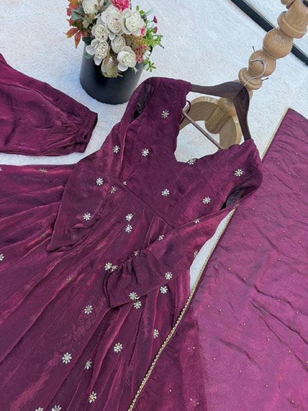 Premium Crunchy Silk Anarkali Three‑Piece Set – Sequins Embroidery Work