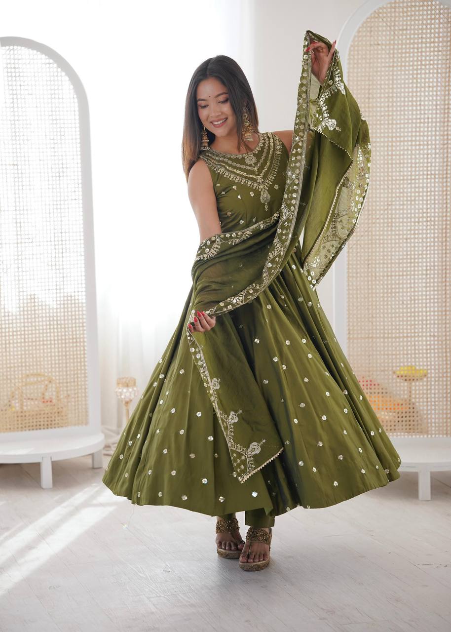 Premium Roman Silk Anarkali Gown, Bottom & Chanderi Silk Dupatta