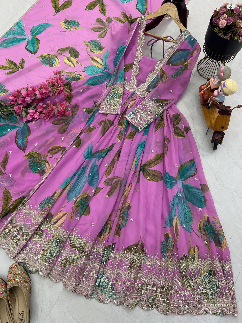 Premium Fox Georgette Party Gown & Dupatta Set – Sequins Embroidery Work