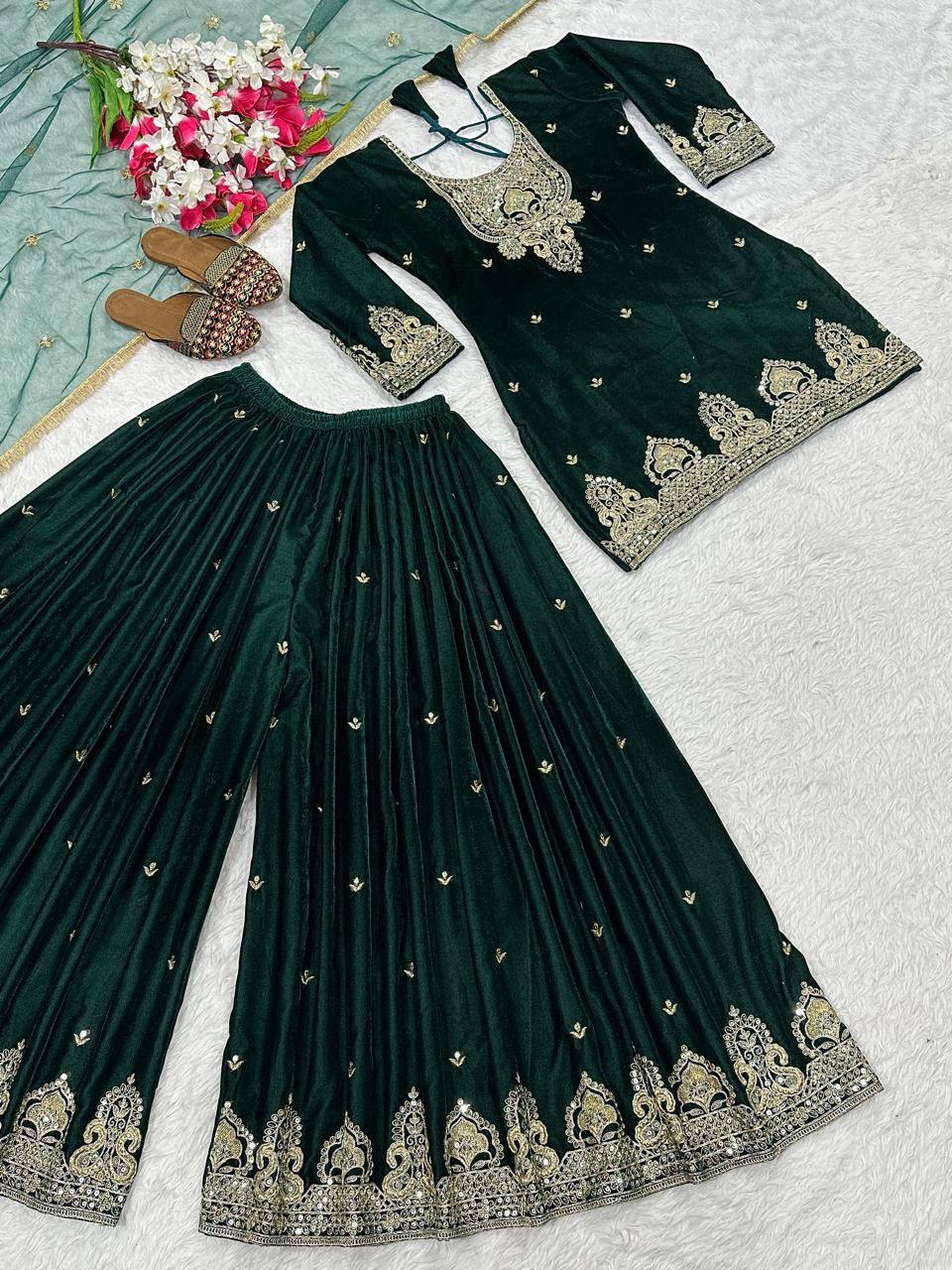 Premium Velvet Top, Sharara Plazzo & Butterfly Net Dupatta