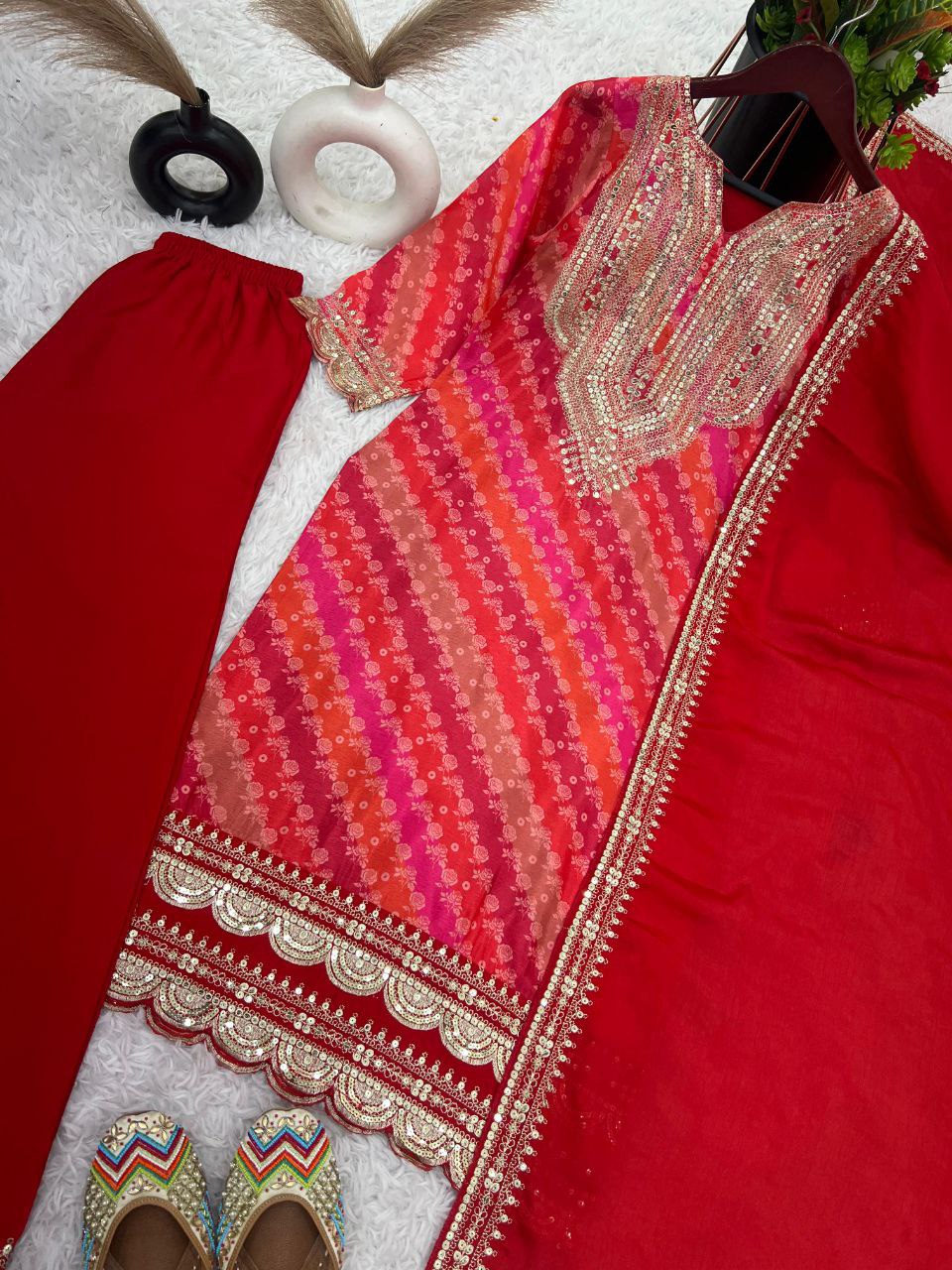 Designer Pure Chinon Suit Set With Heavy Embroidery Sequence Work Top-Bottom And Dupatta Set Fully Stitched