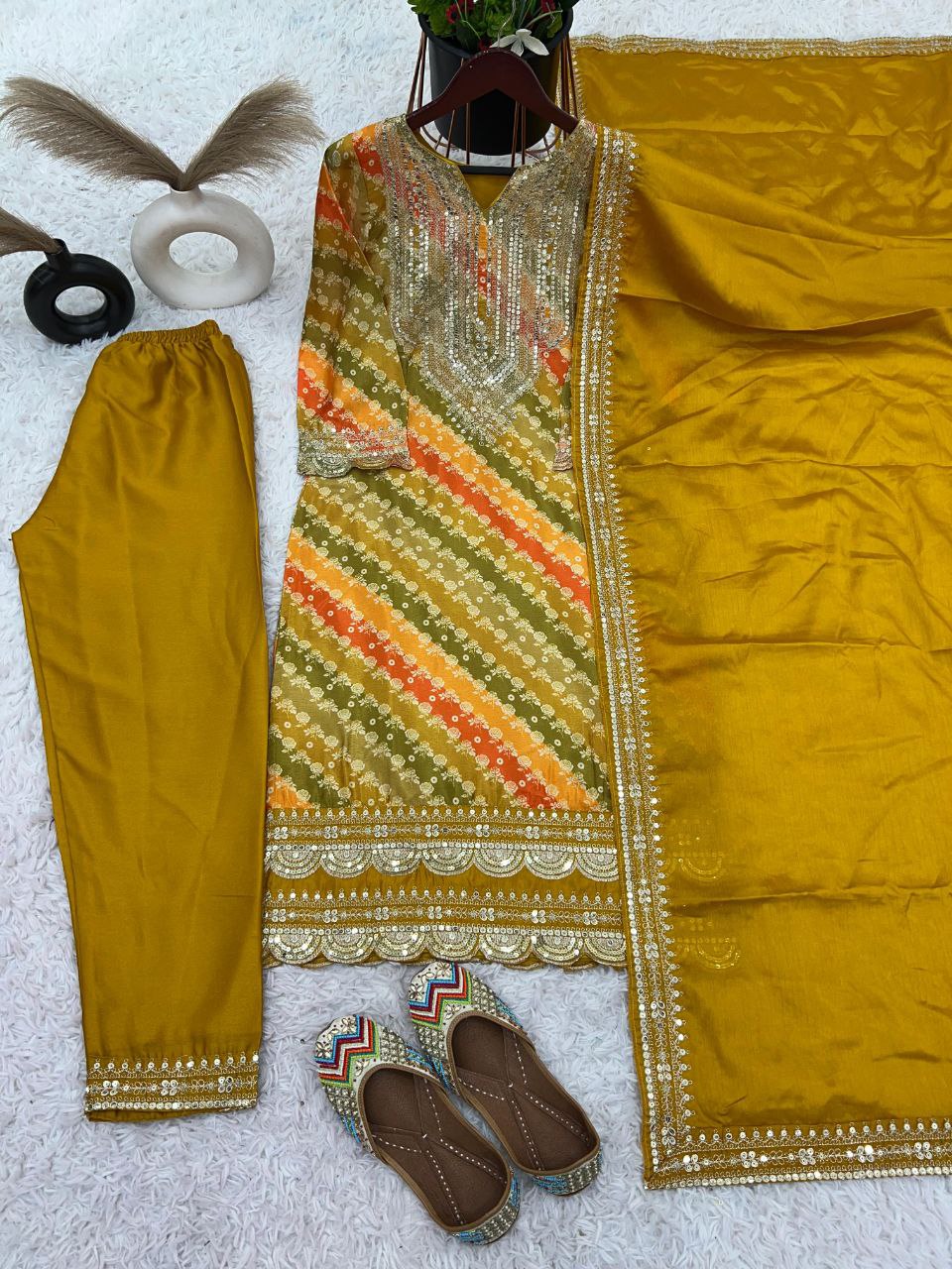 Designer Pure Chinon Suit Set With Heavy Embroidery Sequence Work Top-Bottom And Dupatta Set Fully Stitched