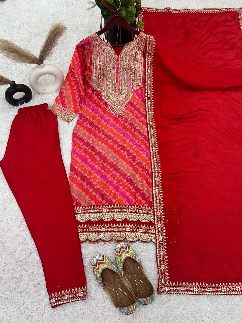 Designer Pure Chinon Suit Set With Heavy Embroidery Sequence Work Top-Bottom And Dupatta Set Fully Stitched