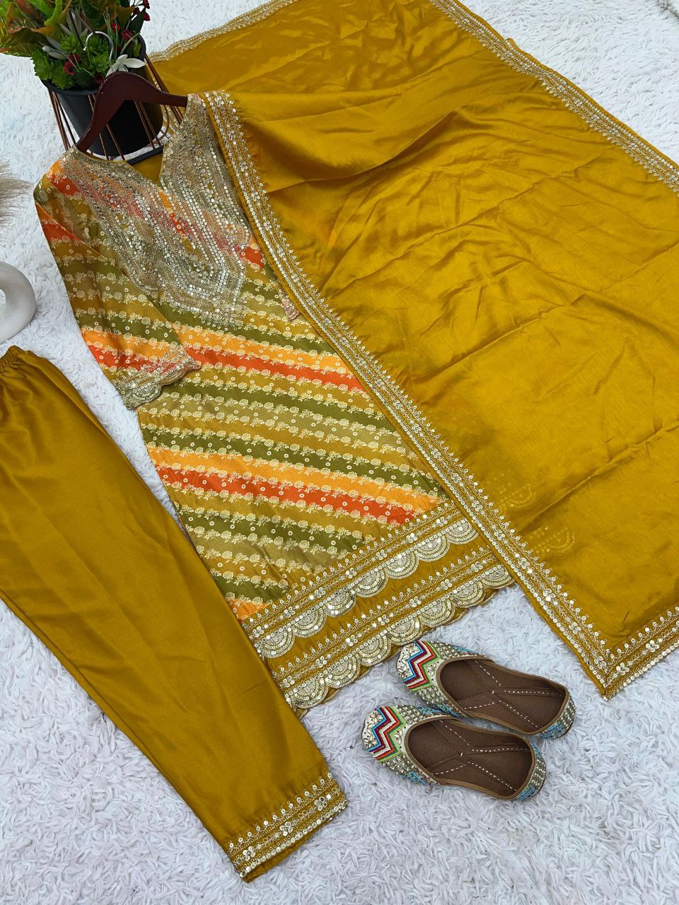 Designer Pure Chinon Suit Set With Heavy Embroidery Sequence Work Top-Bottom And Dupatta Set Fully Stitched