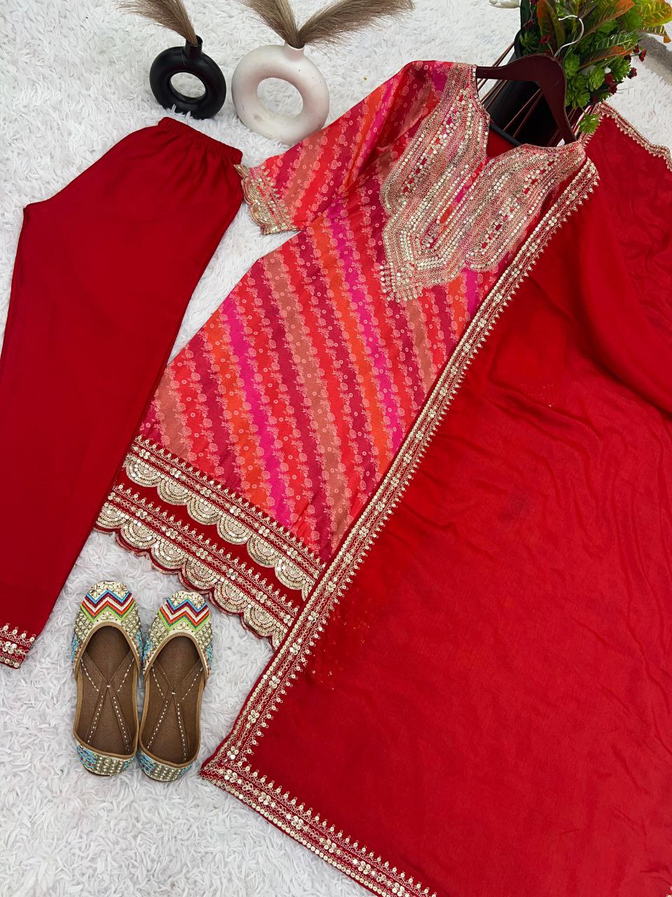 Designer Pure Chinon Suit Set With Heavy Embroidery Sequence Work Top-Bottom And Dupatta Set Fully Stitched