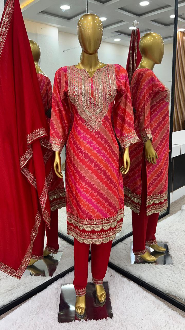 Designer Pure Chinon Suit Set With Heavy Embroidery Sequence Work Top-Bottom And Dupatta Set Fully Stitched