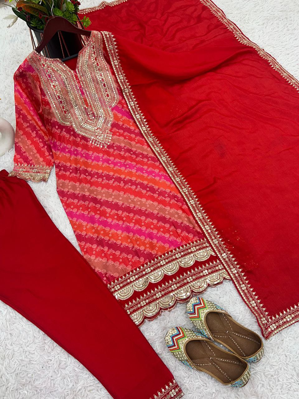 Designer Pure Chinon Suit Set With Heavy Embroidery Sequence Work Top-Bottom And Dupatta Set Fully Stitched