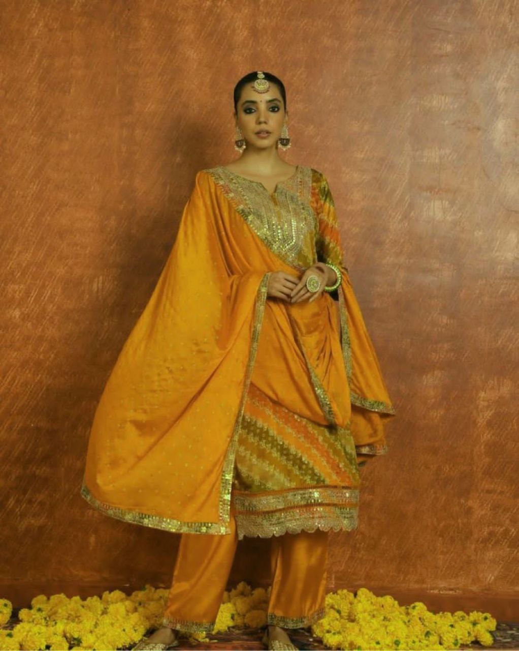 Designer Pure Chinon Suit Set With Heavy Embroidery Sequence Work Top-Bottom And Dupatta Set Fully Stitched
