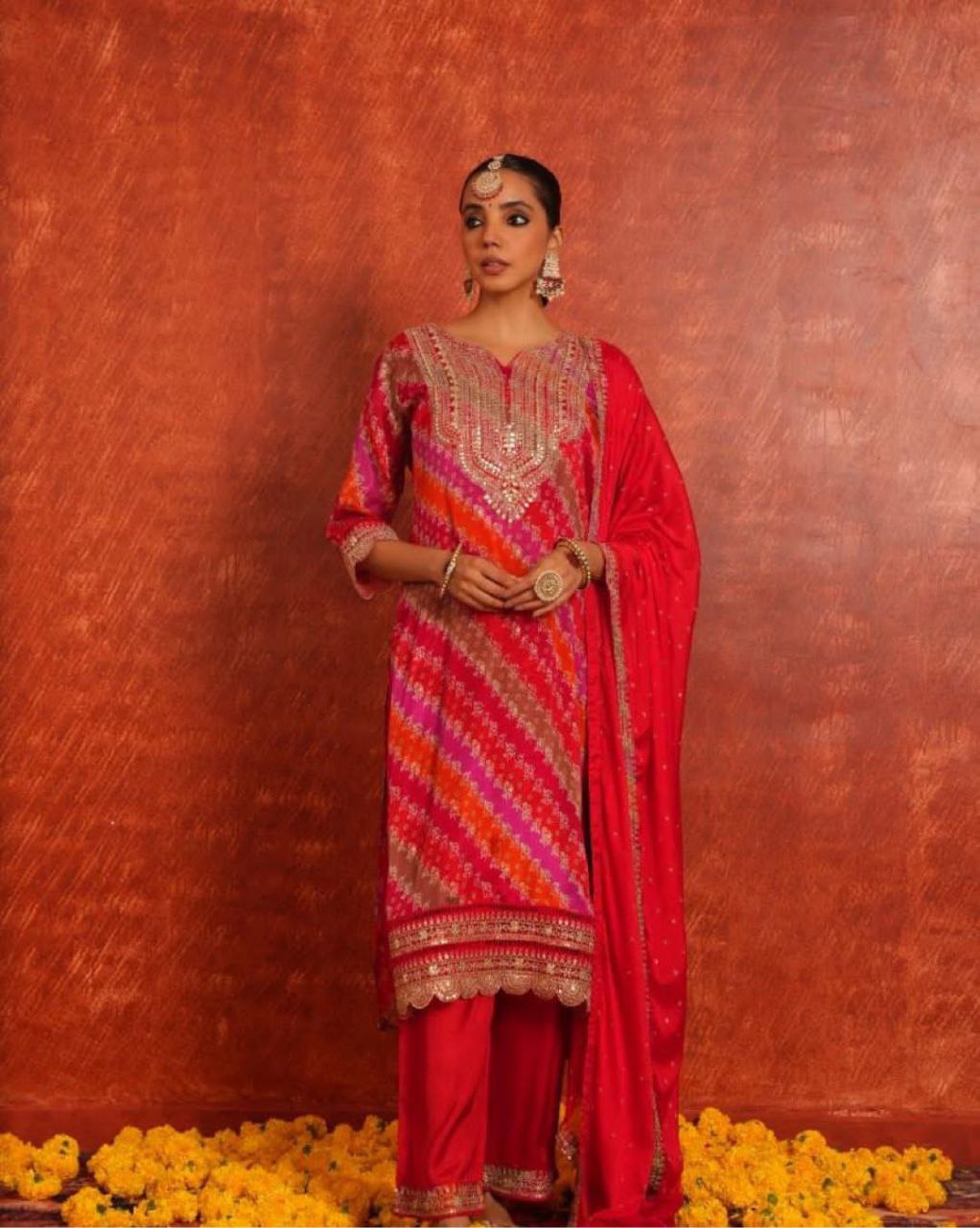 Designer Pure Chinon Suit Set With Heavy Embroidery Sequence Work Top-Bottom And Dupatta Set Fully Stitched