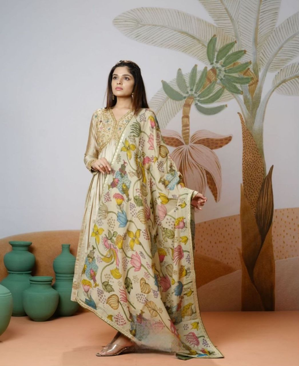 Fully Stitched Embroidery Work Kalamkari Gown With Chinon Fabric