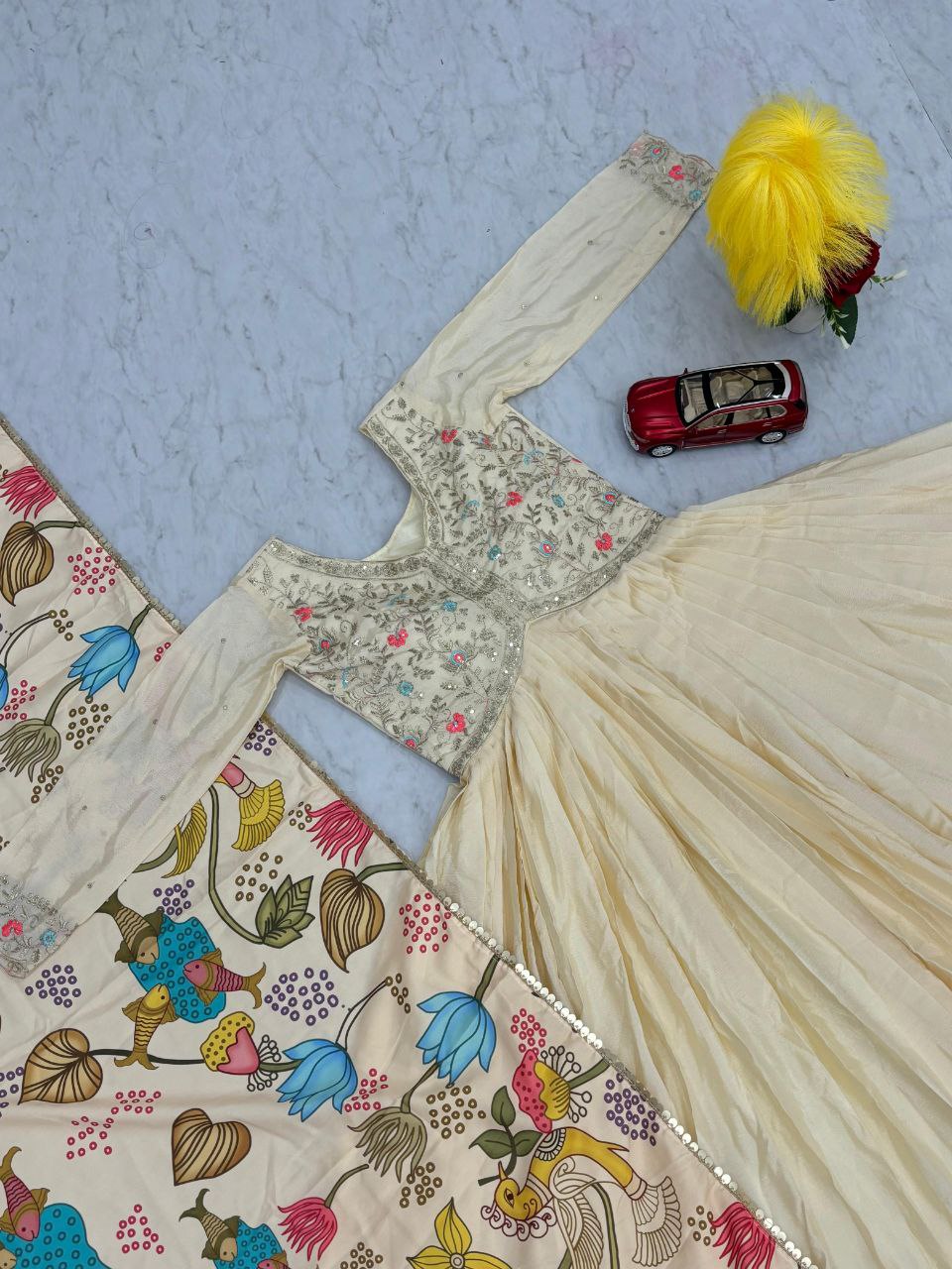 Fully Stitched Embroidery Work Kalamkari Gown With Chinon Fabric