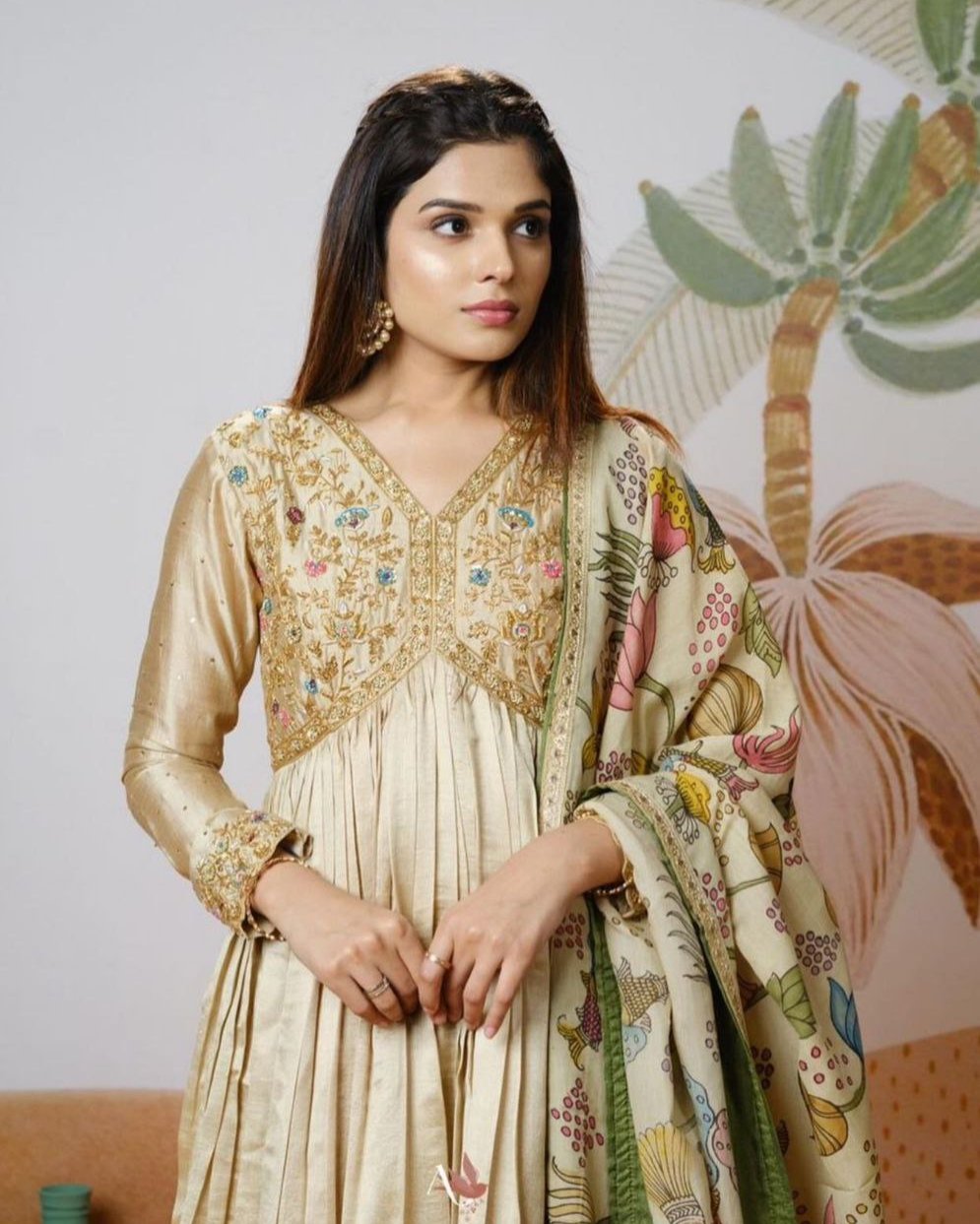 Fully Stitched Embroidery Work Kalamkari Gown With Chinon Fabric