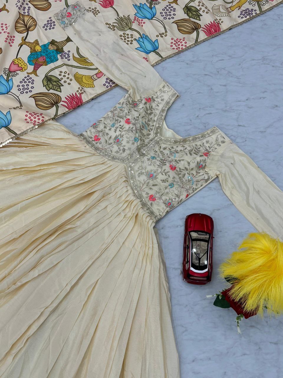 Fully Stitched Embroidery Work Kalamkari Gown With Chinon Fabric