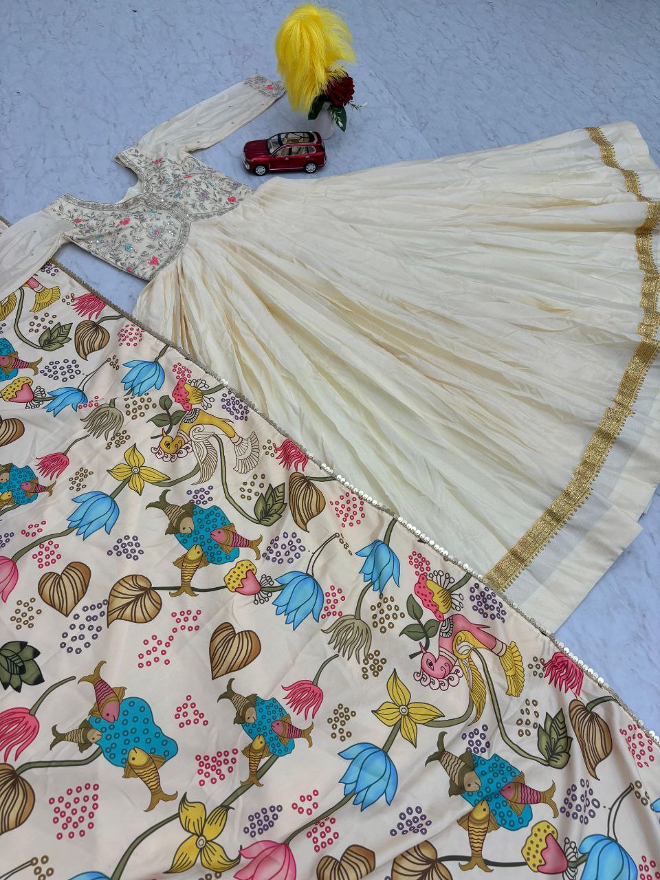 Fully Stitched Embroidery Work Kalamkari Gown With Chinon Fabric