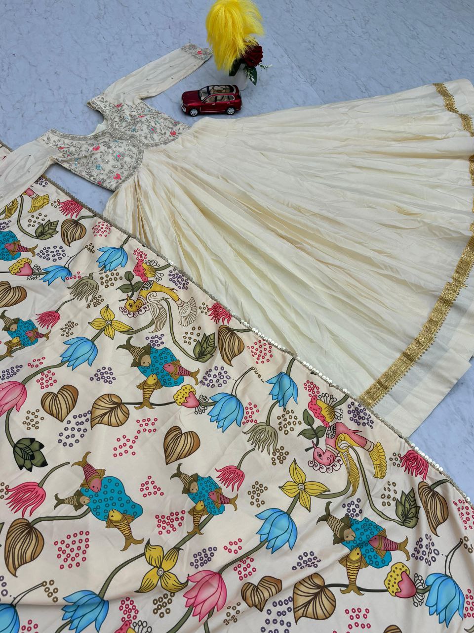Fully Stitched Embroidery Work Kalamkari Gown With Chinon Fabric
