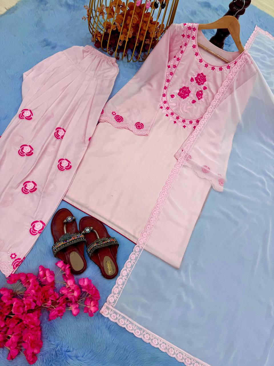 Premium Natural Crepe Top, Farshi Plazzo & Faux Georgette Dupatta