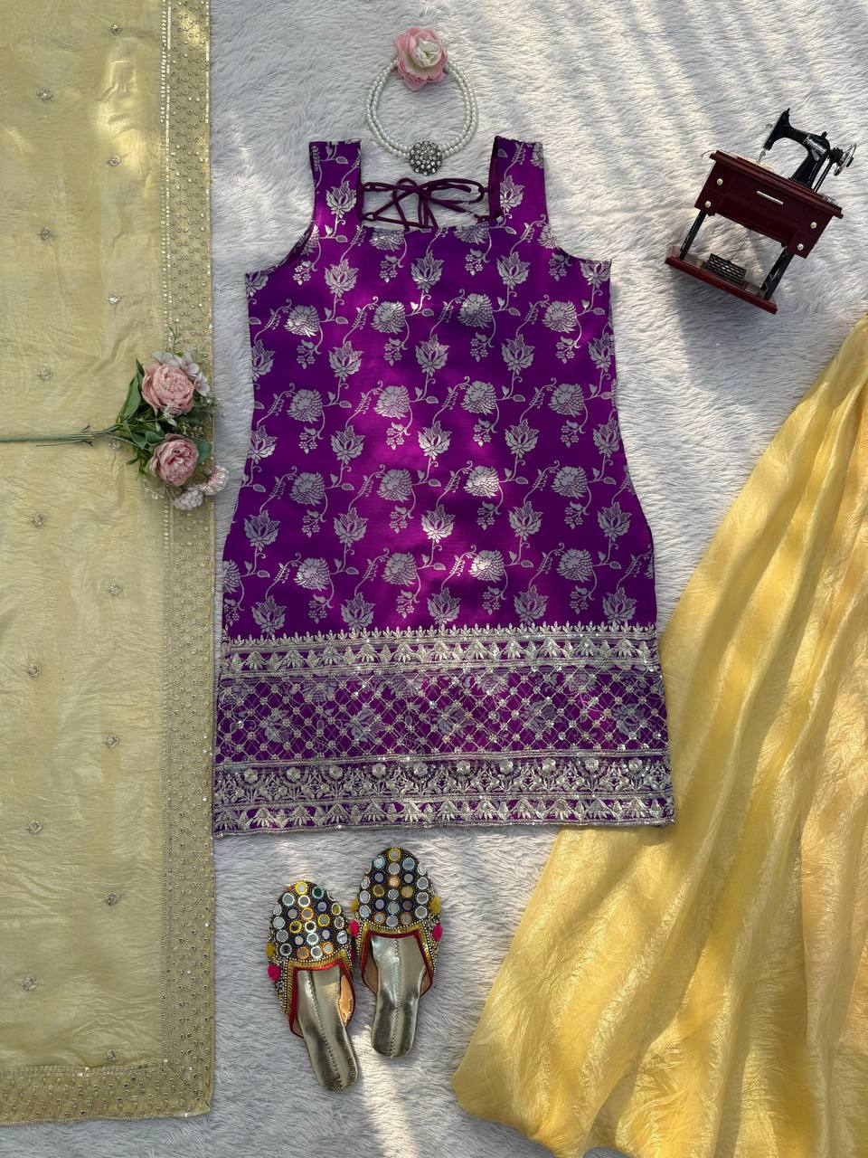 Premium Jequrd Top, Crunchy Silk Plazzo & Dupatta – Thread & Sequins Embroidery Work