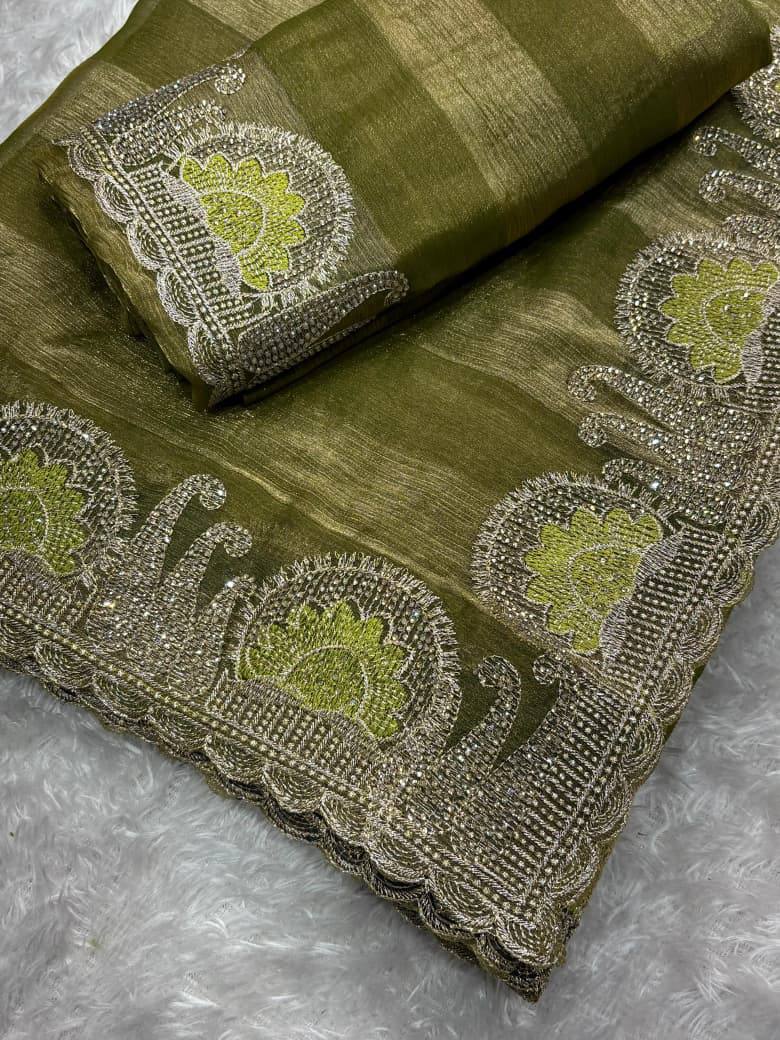 Premium Fandy Chiffon Saree with Zari & Swarovski Embroidery