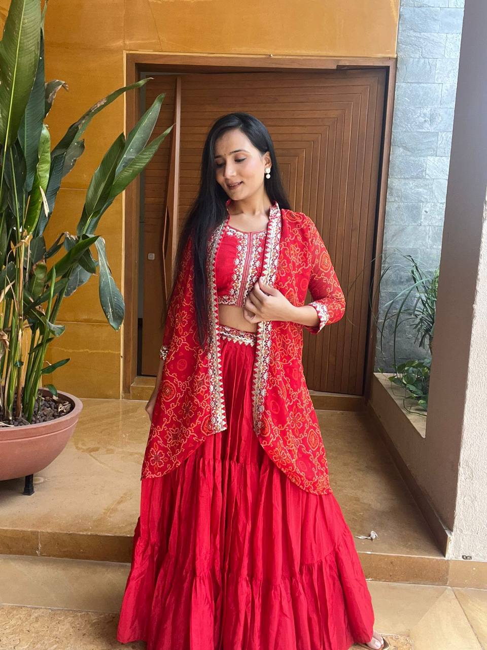 Premium Chinon Bandhej Lehenga Choli with Shrug