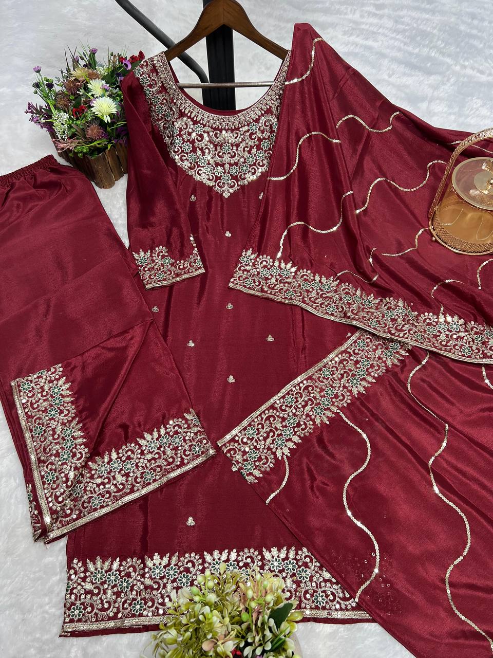 Premium Chinon Silk Kurti, Plazzo & Dupatta – Thread & Sequins Embroidery Work