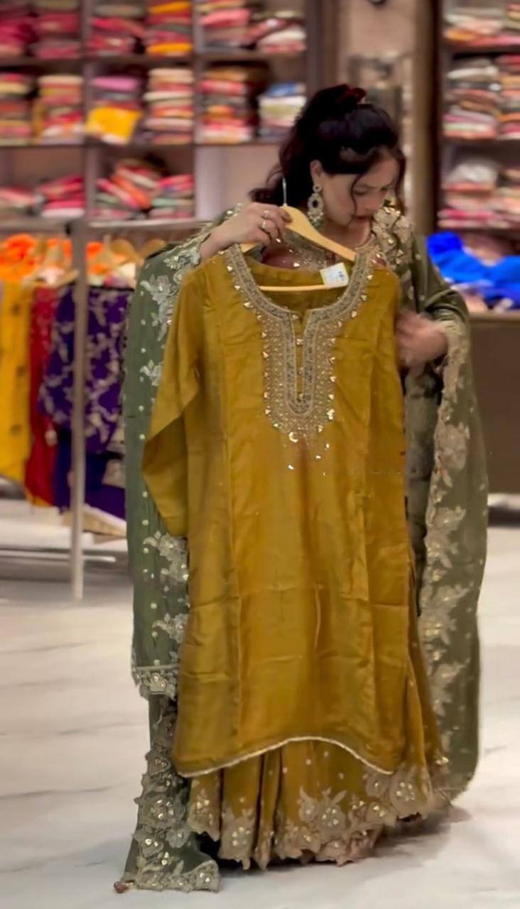 Premium Fendy Silk Top, Sharara Plazzo & Dupatta