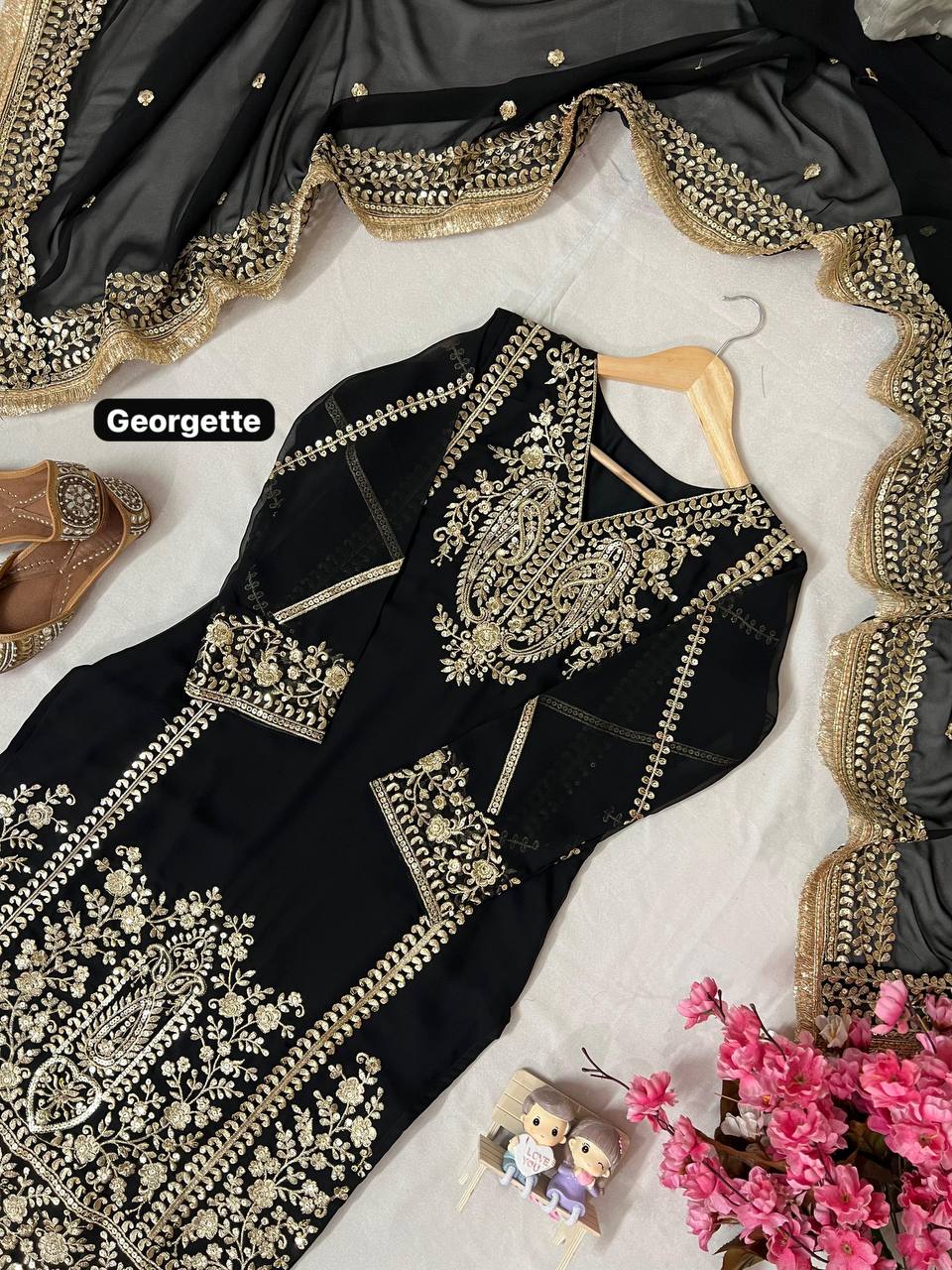 Premium Georgette Kurti, Plazzo & Dupatta – Sequins & Thread Embroidery Work