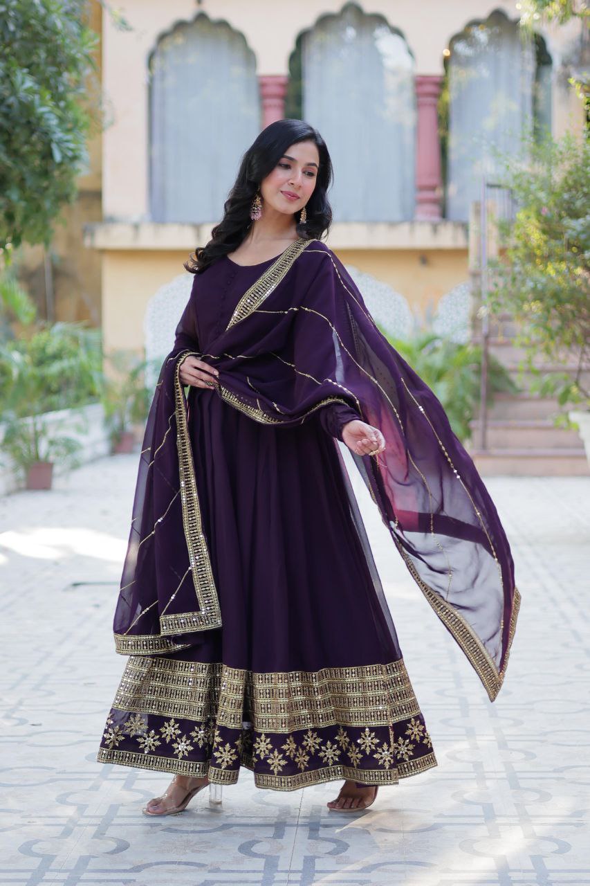 Faux Blooming Embroidered Red, Purple & Greenish Blue Color Gown with Dupatta
