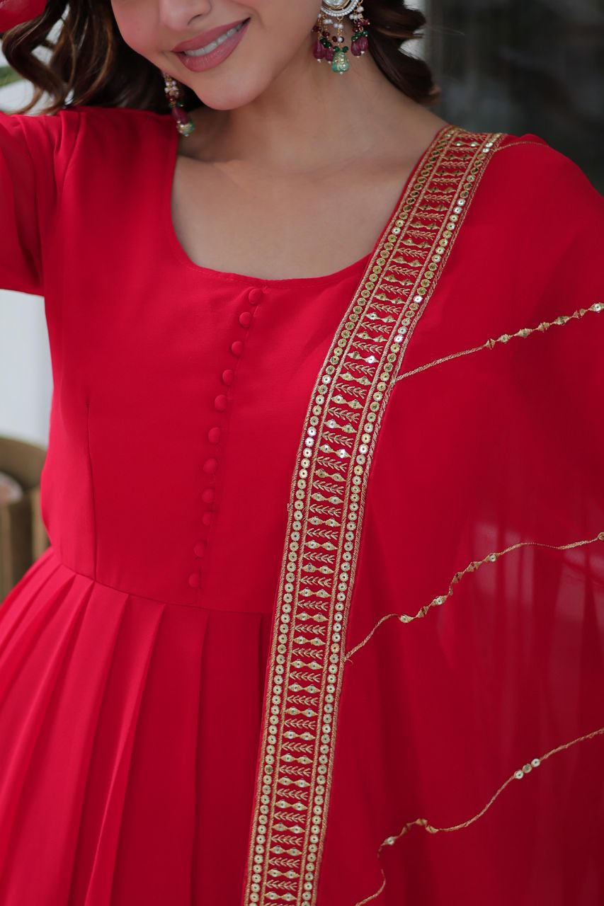 Faux Blooming Embroidered Red, Purple & Greenish Blue Color Gown with Dupatta