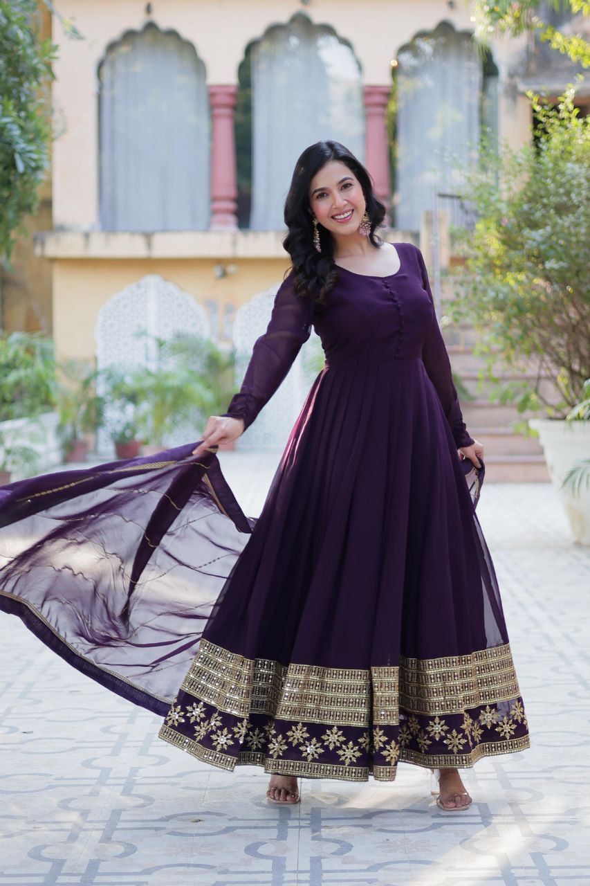 Faux Blooming Embroidered Red, Purple & Greenish Blue Color Gown with Dupatta