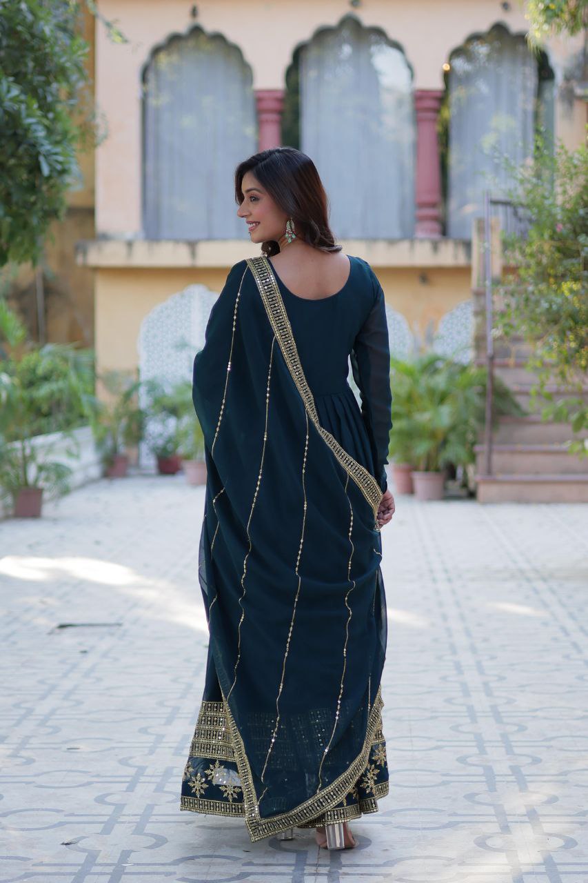 Faux Blooming Embroidered Red, Purple & Greenish Blue Color Gown with Dupatta