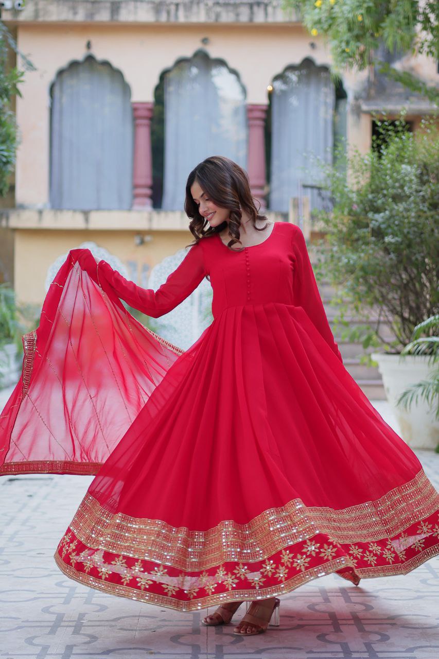 Faux Blooming Embroidered Red, Purple & Greenish Blue Color Gown with Dupatta