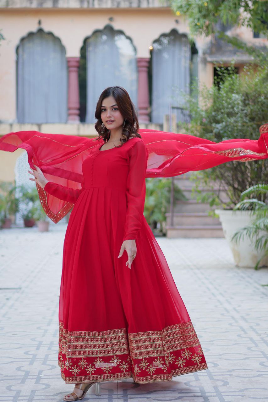 Faux Blooming Embroidered Red, Purple & Greenish Blue Color Gown with Dupatta