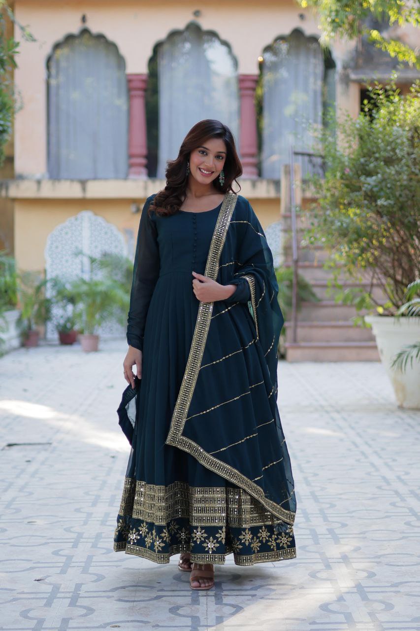 Faux Blooming Embroidered Red, Purple & Greenish Blue Color Gown with Dupatta