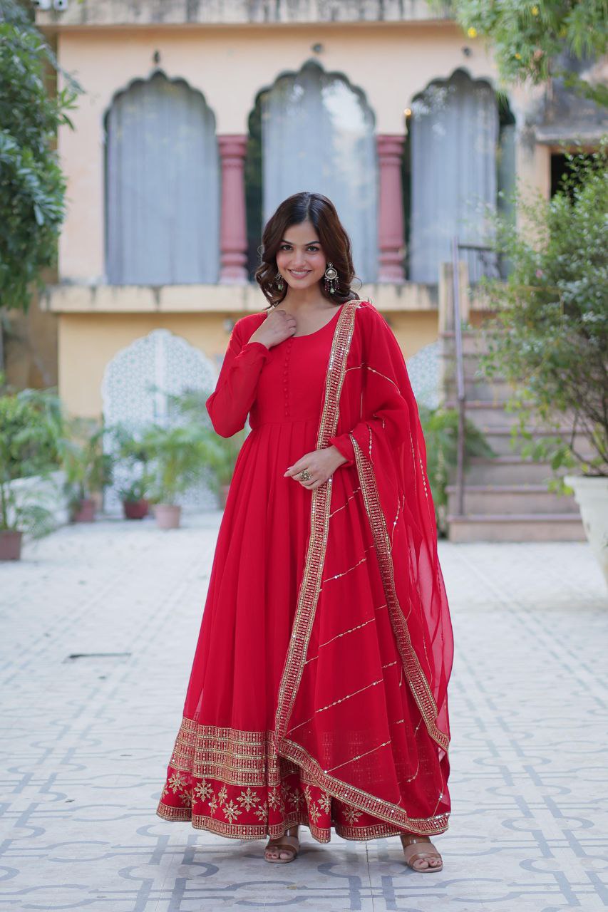 Faux Blooming Embroidered Red, Purple & Greenish Blue Color Gown with Dupatta
