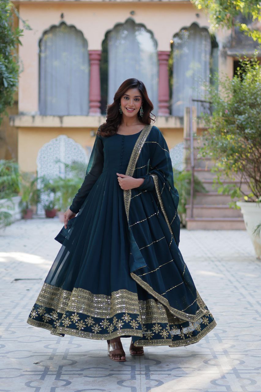 Faux Blooming Embroidered Red, Purple & Greenish Blue Color Gown with Dupatta