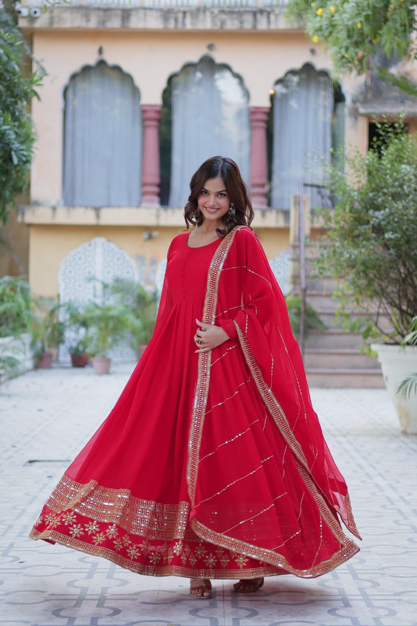 Faux Blooming Embroidered Red, Purple & Greenish Blue Color Gown with Dupatta