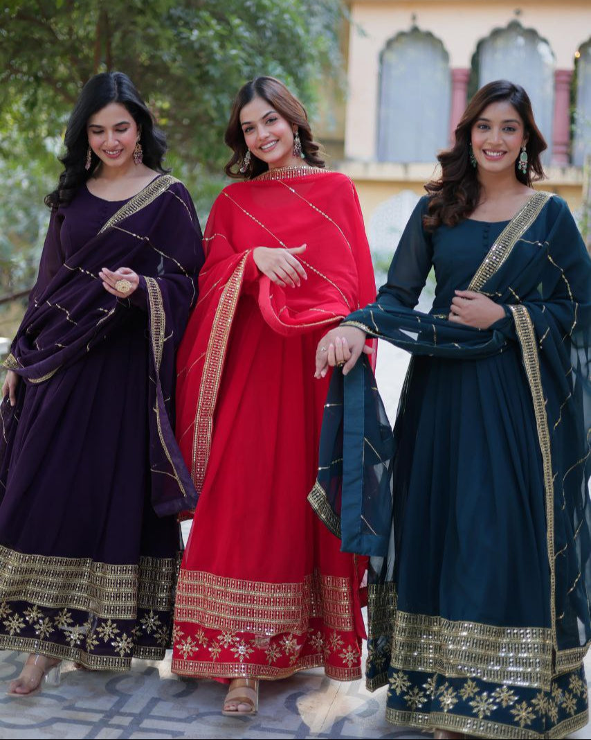 Faux Blooming Embroidered Red, Purple & Greenish Blue Color Gown with Dupatta