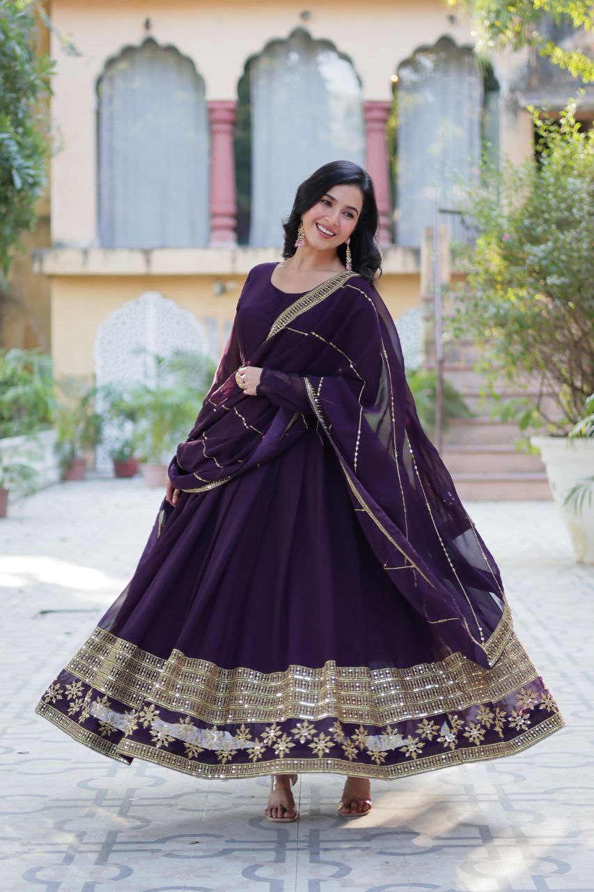 Faux Blooming Embroidered Red, Purple & Greenish Blue Color Gown with Dupatta
