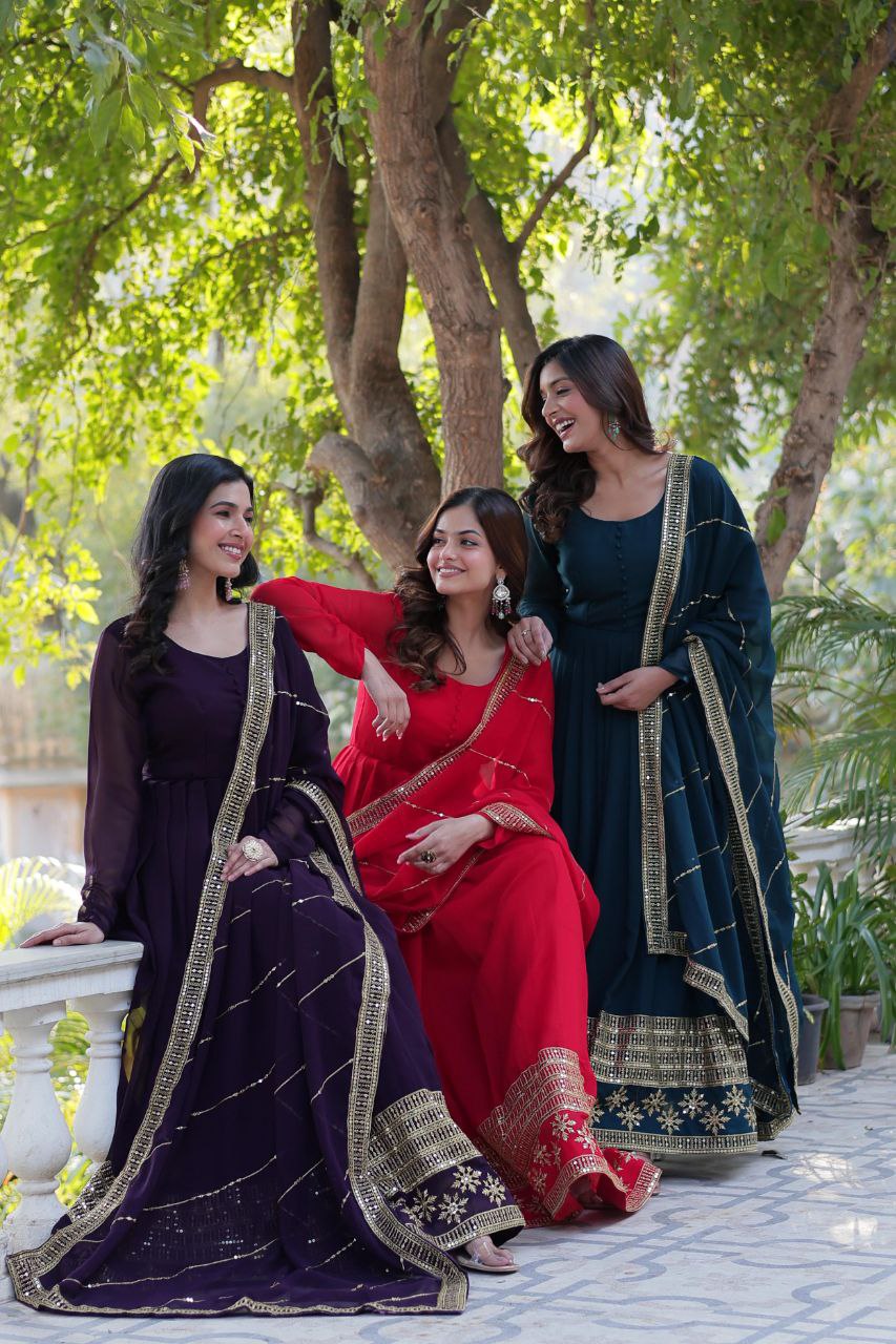 Faux Blooming Embroidered Red, Purple & Greenish Blue Color Gown with Dupatta