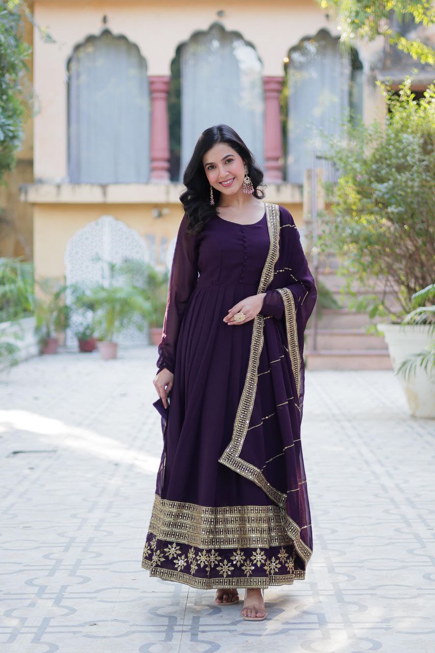 Faux Blooming Embroidered Red, Purple & Greenish Blue Color Gown with Dupatta